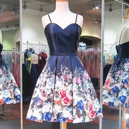 Floral Print Short Prom Dresses Spaghetti Straps A-Line Knee Length Low Back Navy and Romantic Red Blue Flowers Printed Satin Cocktail Gowns