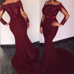 Elegant Burgundy Lace Appliques Sheath Evening Dresses Sexy Boat Neckline Beaded Long Sleeves Prom Party Dresses Mermaid Evening Gowns
