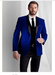 2017 New Fashion Royal Blue Velvet Jacket Groom Tuxedos Black Lapel Best Men Suit Prom Tuxedos (Jacket+Pants+Vest+Tie)