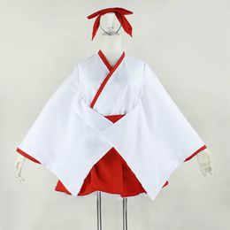 Women Japanese Anime Kimono Priestess Cosplay Costume Lolita White And Red Dress Halloween Costume With Headwear