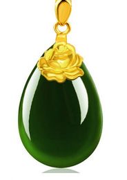 Gold inlaid jade green water droplets peony (blooming flowers) charm necklace pendant