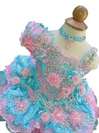 Gorgeous Baby Girls Glitz Beaded Pageant Cupcake Gowns Withe Flowers Infant Mini Short Skirts Toddler Girls Soft Lace Pageant Dres2733