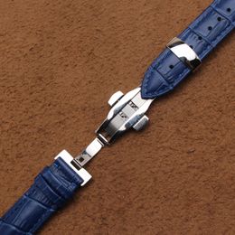 Cowhide Leather Watchbands watch strap Silver stainless steel metal buckle butterfly deployment Blue watchbands for men 14 16 18mm2278