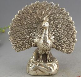 Marqué Vieux Chinois Argent Paon Paon Pavo Maurya Animal Statue