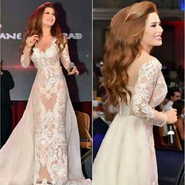 Sheath Celebrity Dresses Mideast Star Red Carpet Dress Lace Appliques V Neck Sheer Long Sleeves with Detachable Tulle Train Evening Gowns