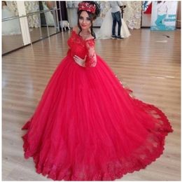 Off the Shoulder Red Tulle Applique Lace Long Sleeve Ball Gown Quinceanera Dresse 16 Years Party For Girls