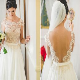 Vintage Beach Wedding Dress Romantic Chiffon Sheer Neck Short Sleeve Lace Vestido De Noiva Summer Open Back Boho Bridal Gowns