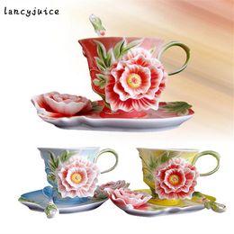 Bone Porcelain Peony Coffee Mug Ceramic Enamel Couple Cups Wedding Gift Birthday Holiday Gift Pastoral Flower Tea Set
