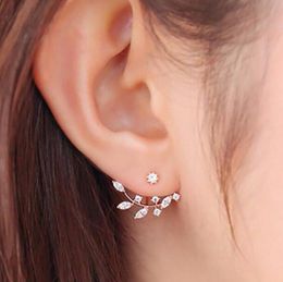 Shining Crystal Bridal Earrings Elegant Silver Ear Jewellery Cubic Zirconia Leaf Front and Back Stud Earrings Leaves Studs