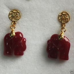 lovely Red ruby jade carved elephant 18K GP earrings
