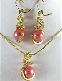 12mm Pink Rose South sea Shell Pearl Earrings & Necklace Pendant Set 18"