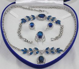 18K Gold Plated Inlay Blue crystal Necklace Bracelet Ring Earring set no box
