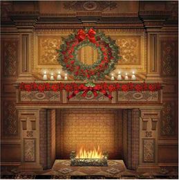 Indoor Fireplace Christmas Background Vintage Computer Printed Home Decor Garland Candles Family New Year Holiday Photography Backdrop Vinyl