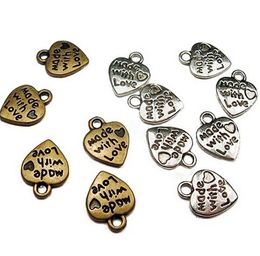 300pcs/lot Zinc Alloy Antique Silver Plated MADE WITH LOVE Heart Charms Pendants Jewellery Findings For Necklace Braclets 12x10mm