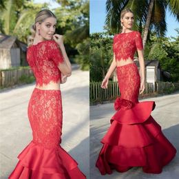 All Red Lace Mermaid Two Pieces Prom Dresses 2023 With Short Sleeves Layered Satin Long 2 Piece Formal Evening Party Gowns Vestido De Festa