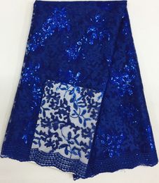 5 Y/pc wonderful royal blue french net lace fabric with sequins leaves design african mesh lace for clothes BN57-4
