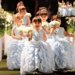 Baby-Blue Tiered Ruffles Flower Girls Dresses Lovely Ball Gown Sleeveless Appliques Formal Dress for Wedding Pretty Girls Communion Dresses