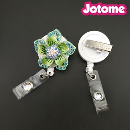 50PCS/Lot Silver Tone Green Enamel Asphalt Rhinestone Flower Pendant Nurse Medical Gift Retractable ID Name Badge Reel Holder