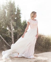 A-line Modest Wedding Dresses With Cap Sleeves Champagne Bodice Lace Chiffon Informal Beach outdoor Reception Bridal Gowns Custom Custom