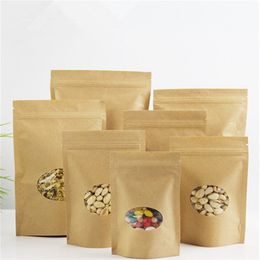 50Pcs/Lot Multi Sizes Doypack Zip Lock Kraft Paper Package Bag Retail Self Seal Stand Up For Tea Nut Packing Bag W/ Round Window