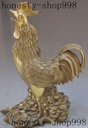 11"Chinese fengshui brass wealth money coin zodiac Cock Rooster Chicken statue