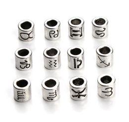 60pcs/lot Large Hole Alloy Antique Silver Barrel Beads For Necklace Bracelets Making 4mm Zodiac Star Signs Spacer Charms Bead DIY Jewellery Accessory Supplies