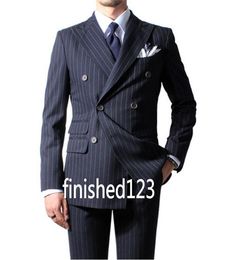 Classic Design Groom Tuxedos Groomsmen Double-Breasted Navy Blue Peak Lapel Best Man Suit Wedding Men's Blazer Suits (Jacket+Pants+Tie) K397