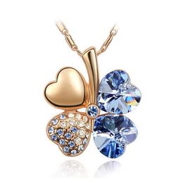 -L'oro superiore della Rosa collana placcata cuore blu di Lucky Four Leaf Clover Pendenti Corea monili d'avanguardia Donne Cristallo Swarovski