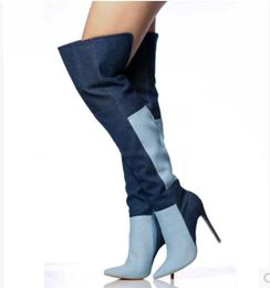 2019 Mode Overknee-hohe Stiefel Frauen Oberschenkel hohe Denim-Stiefel Motorräder Booties Damen Patchwork lange blaue Stiefel Partyschuhe