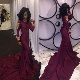 Burgundy South African Mermaid Prom Dresses Sexy High Neck Gold Appliques Long Sleeves Court Train Evening Gowns Cocktail Party Dress
