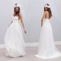 2020 Summer Beach Boho vestidos de casamento Sexy Backless Spaghetti tiras Pavimento Comprimento nupcial do casamento Vestidos Bohemian Vestidos formais para casamento