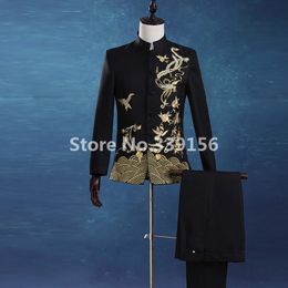Wholesale- Chinese Tunic Stand Collar Black Suits Men Festival Traditional Mandarin Embroidery Tuxedos Men's Stage Costumes(Jacket+Pants)