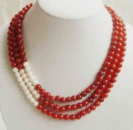 Wonderful 3 Rows 8mm Red Ruby and White Pearl Necklace