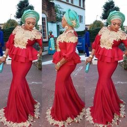 Red Peplum Plus Size Prom Dresses Aso Ebi Gold Lace Appliques Mermaid Evening Gowns South African Women Formal Party Vestidos Custom Made