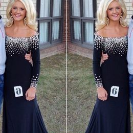 Sexy Jersey Black Mermaid Evening Gowns Off The Shoulder Long Sleeves Beaded Mother of the Bride Dresses Plus Size Long Formal Prom Dress