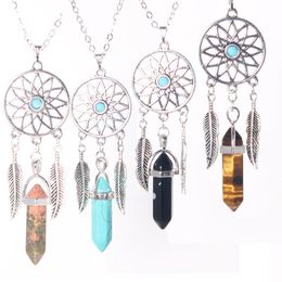 10Pcs Wholesale Women's Dangling Feather Natural Stone Tiger's Eye Jade Charms Filigree Tribal Dreamcatcher Pendant 50cm Link Chain Necklace