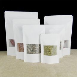 New White Kraft Paper Bag With Window Stand Up Pouch With Zipper Dried Fruit Nut Tea Packaging Bag LZ0164