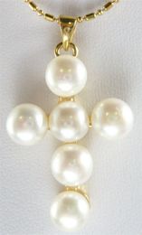 18k Gold GP white 7-8mm Freshwater Cutlured Pearl Cross Pendant Necklace
