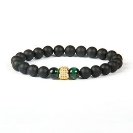 New Fashion Jewellery Wholesale 8mm Matte Agate Stone Beads with Clear Cz Cylinders Beaded Men Bracelet Bangle