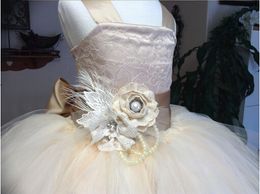 Vintage rendas rústico champanhe menina pageant vestidos cintas de espaguete fofo tule vestido de baile flor menina crianças vestido fo218b
