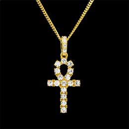 Hip Hop Gold Silver Ankh Egyptian Jewelry Pendant Bling Rhinestone Crystal Key To Life Egypt Cross Necklace Cuban Chain