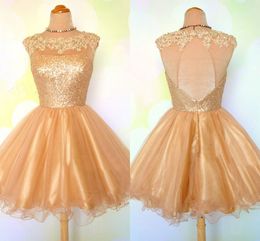 Cute Ball Gown Short Homecoming Dresses Sheer Neck Cap Sleeves Sequins Appliques Tulle Keyhole Back Gold Prom Dresses Real Image