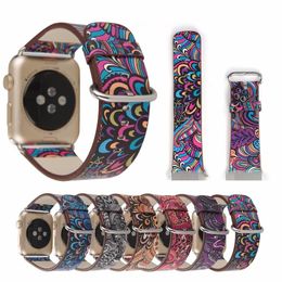 For Apple Watch Ultra 49mm PU Leather Band Strap 41mm 45mm 38/42mm 40mm 44mm Series 8 7 6 SE 5 4 3 2 1 Flower Prints Vintage Floral National Folk Style Design Belt