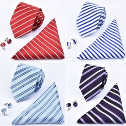 Neck Tie Handkerchief Cuff Links Set 24 Colors 145*8cm Jacquard Necktie Men's Stripe necktie for Father's Day business tie gift