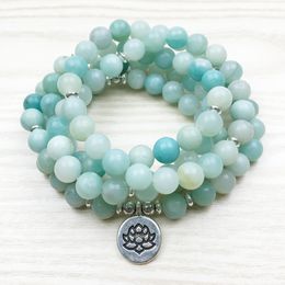 SN1163 Fashion 2017 Women`s 8 mm AB+Am-azonite 108 Mala Beads Bracelet or Necklace Lotus Buddha Ohm Charm Yoga Bracelet Free Shipping