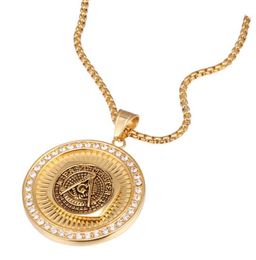 Gold Chains for Mens Hip Hop Jewelry Men Stainless Steel Round Coin Freemason Signet Past Master Masonic AG Emblem Pendant Necklace Jewelry