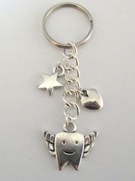 Tooth Fairy Star Heart Charm KeyChains Gift Plating Silver Pendant 25mm Key Rings Charms Metal Keyring Fashion Jewellery 20Pcs