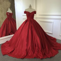 New Red Ball Gown Satin Wedding Dresses Off the Shoulder Beaded Lace Appliques Corset Colorful Bridal Gowns Non White Luxury Custom