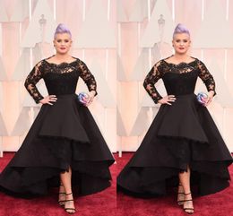 Red Carpet Prom Dresses Scoop Black Sheer Neck High Low Long Sleeves Evening Gowns Lace Appliques Custom Made Plus Size Party Dress