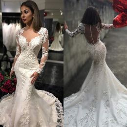 Sexy Arabic Mermaid Wedding Dresses Sheer Jewel Neckline Beaded Applique Long Sleeves Bridal Dress 2017 Cheap Custom Made Wedding Gowns